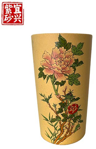Cylindrical pot with Chrysanthemum image. 10x18.5x10cm