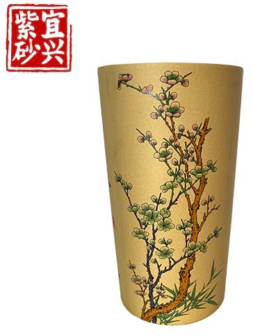 Cylindrical pot with detailed blossom image. 10x18.5x10cm