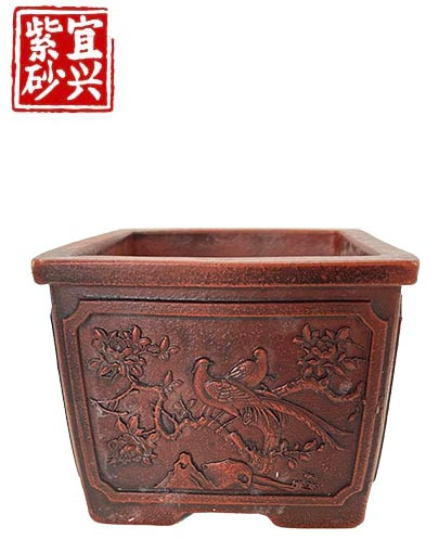 Square pot with bas-relief image of birds 10x7.5x10cm