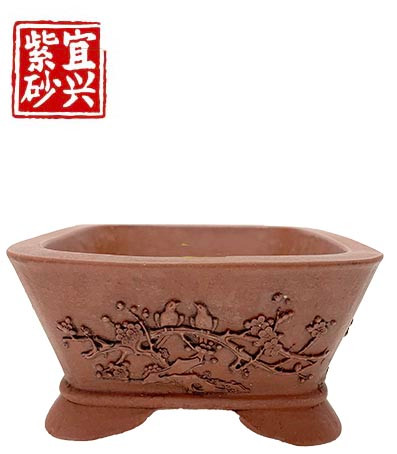 Square, unglazed pot, decorative sides, 13x6.5x13cm