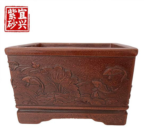 Square pot with lotus & fish carving