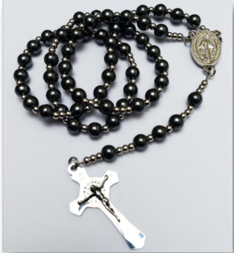 Combat Rosary Hermatite Beads, St Benedict Crucifix (with Embossed Pouch)