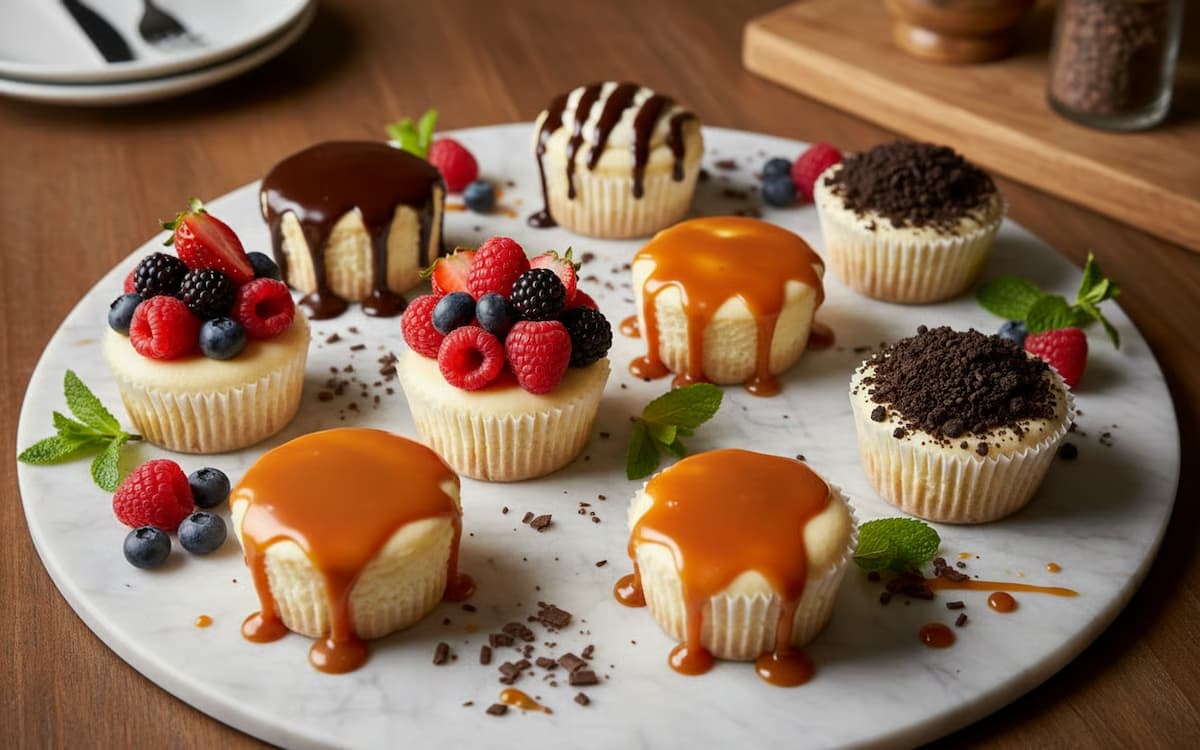 reteta cheesecake - Varietate de mini cheesecake-uri cu toppinguri creative pe un platou elegant