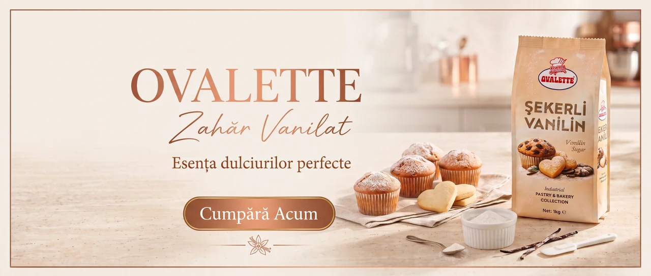 Banner publicitar Ovalette Zahăr Vanilat pe fundal bej, prezentând ambalajul de 1 kg, brioșe proaspete, fursecuri și butonul Cumpără Acum.