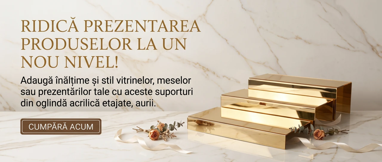 Banner publicitar pentru suporturi etajate din oglindă acrilică aurie pe fundal de marmură, cu textul Ridică prezentarea produselor la un nou nivel și butonul Cumpără Acum.