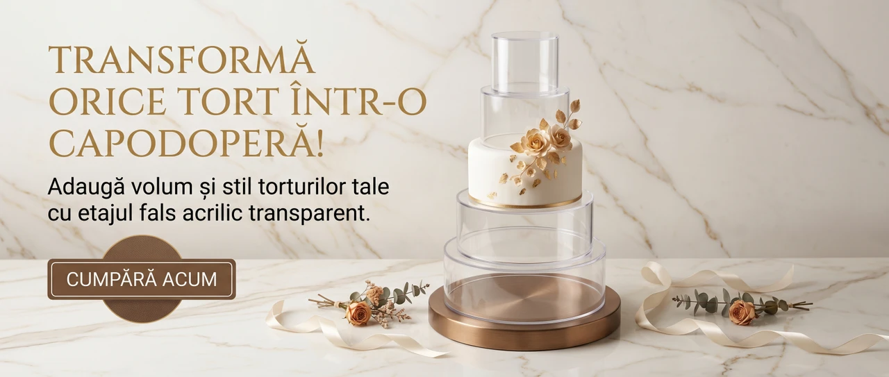 Banner publicitar pentru etaje false din acrilic transparent pentru torturi, cu textul Transformă orice tort într-o capodoperă și butonul Cumpără Acum.