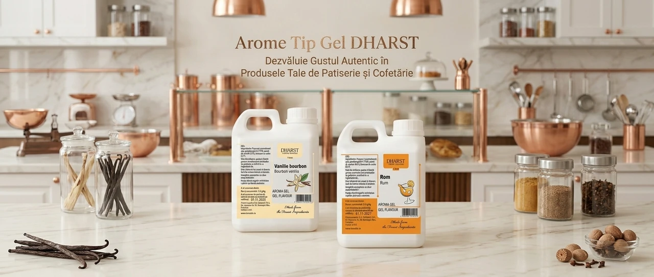 Banner publicitar pentru arome tip gel pe fundal bucatarie eleganta, cu textul Dezvaluie gustul autentic in produsele tale de patiserie si cofetarie.