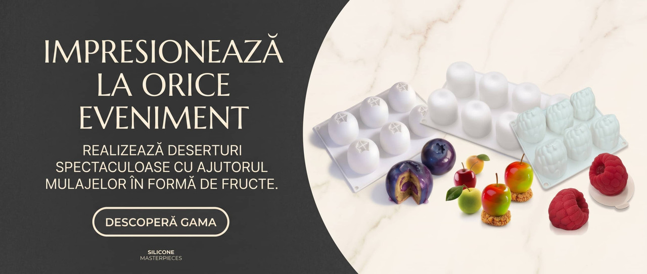 Banner promoțional pentru mulaje din silicon în formă de fructe, pe fundal gri-carbon și fundal alb crem de marmură, cu titlul «Impresionează la orice eveniment» și butonul «Descoperă gama»