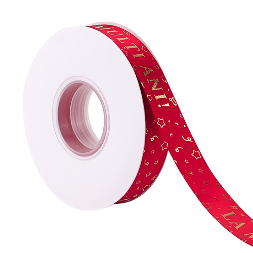 Panglică satin rosu - La mulți ani - 2 cm - 25 m - Dharst