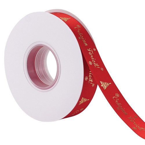 Panglica satin rosu - Craciun Fericit - 2 cm - 25 m - Dharst