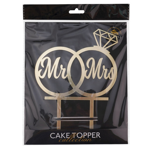 Reduceri, Cake Topper „Mr & Mrs” cu Inele Auriu – 16 × 22 cm – Dharst, tomvalk.ro