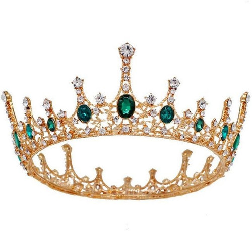 Coronita aurie din metal cu perle verzi - 13,5 cm, h 5,5 cm - T090529