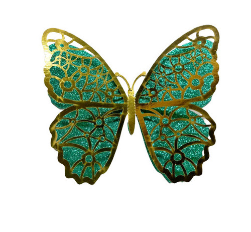 Set 12 decoratiuni fluturi cu efect 3d - 3 dimensiuni - Auriu/Verde