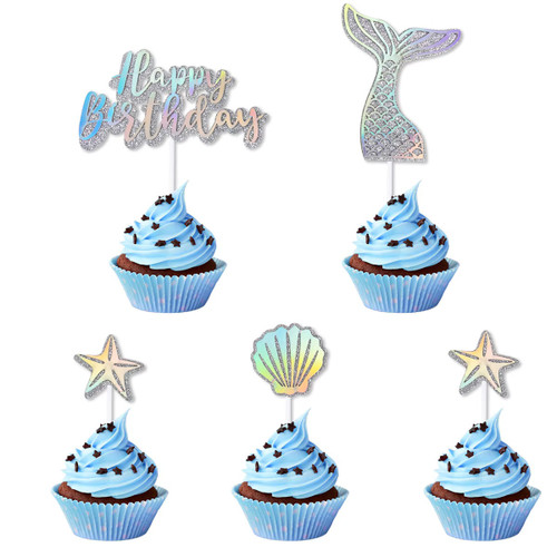 Set 5 cupcake topper Sirena - Argintiu