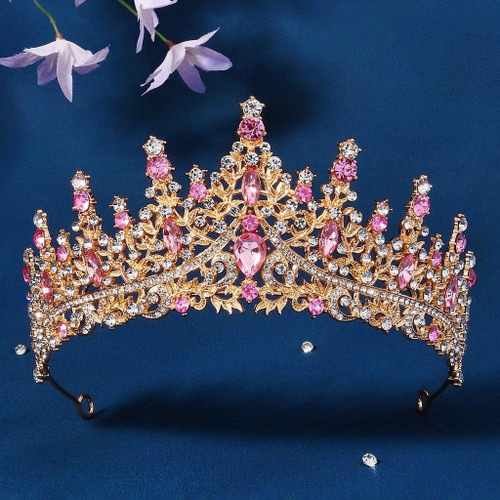 Coronita aurie din metal cu perle Roz - 14 cm