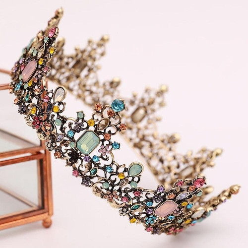 Coronita aurie din metal cu perle multicolore - 15 cm - h6 cm