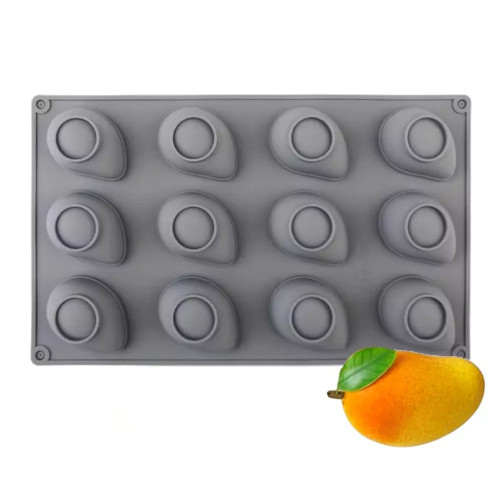 Formă din silicon Mango cu 12 cavități, dimensiuni indicate și exemple de deserturi decorate
