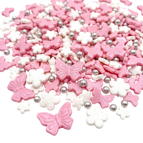 Sprinkles mix Fluturasi roz, floricele albe si perle argintii- 1 kg-Dobryk