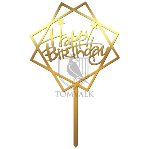 Topper aniversare nepersonalizat, Topper tort Happy Birthday geometric cu steluțe – HBD-P27 – 13 cm, tomvalk.ro
