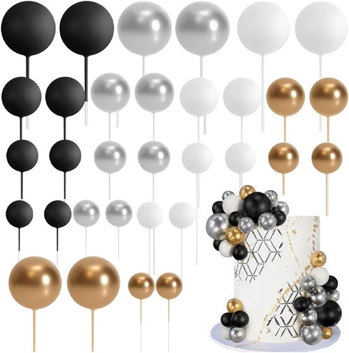 Set 36 sfere plastic pentru ornat torturi - Alb-Negru-Auriu-Argintiu - T090481