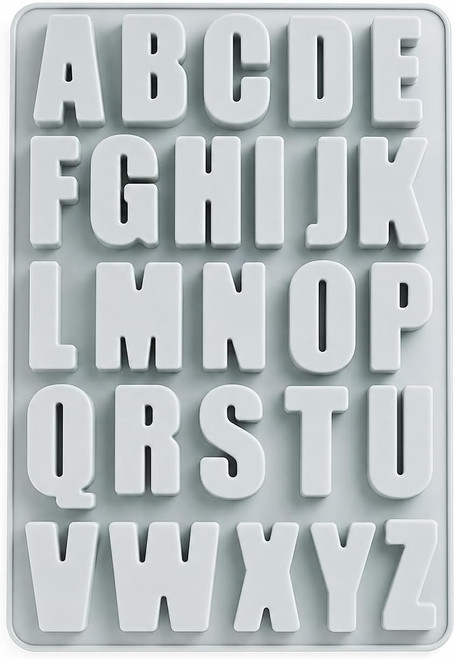 Formă gri din silicon cu litere majuscule A–Z, de 32,5 × 21,6 cm