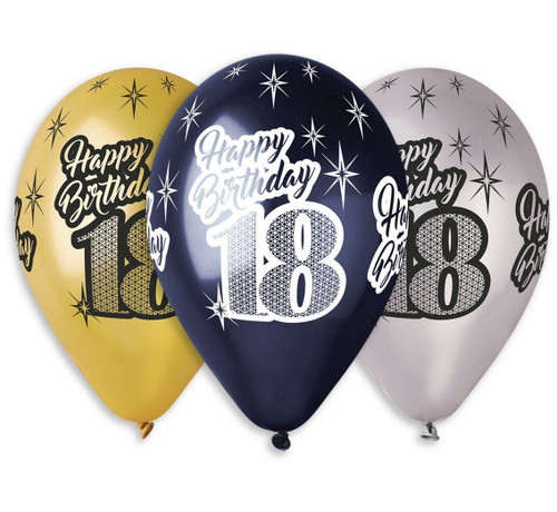 Set 6 baloane latex 30 cm - Happy Birthday 18, diferite culori metalic