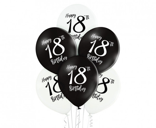 Set 6 baloane latex 30 cm - Happy 18 th Birthday alb/negru