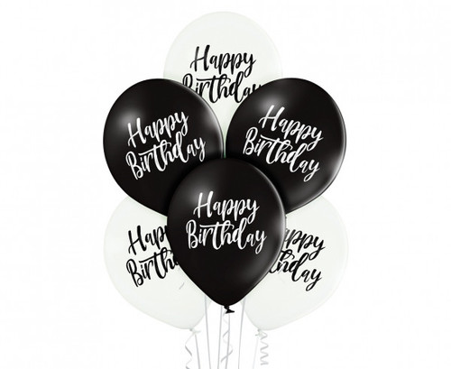 Set 6 baloane latex 30 cm - Happy Birthday alb/negru
