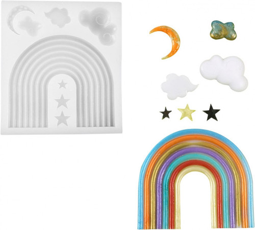 Mulaj din silicon cu curcubeu, nori, trei stele și semilună, alături de un decor curcubeu multicolor
