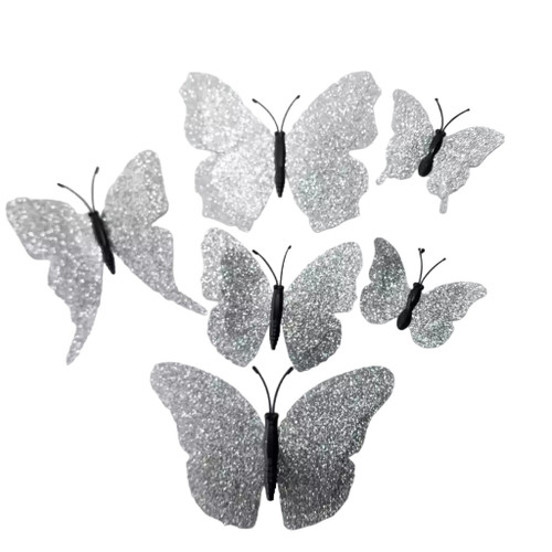 Set 12 decoratiuni fluturi - 3 dimensiuni - T090183 - Argintiu Gliterat