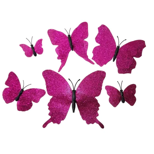 Set 12 decoratiuni fluturi - 3 dimensiuni - T090183 - Roz Gliterat
