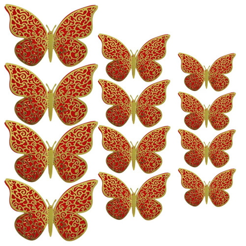 Set 12 decoratiuni fluturi cu efect 3d - 3 dimensiuni - T090184 - Rosu