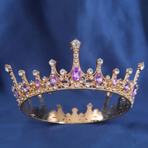 Coronita aurie din metal cu perle mov - 13,5 cm, h 5,5 cm - T090529