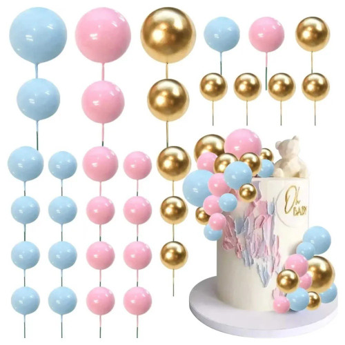 Set 36 sfere plastic pentru ornat torturi - Roz-Albastru-Auriu - T090485