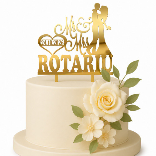 Topper tort personalizat „Mr & Mrs” cu numele de familie și data nunții PN12