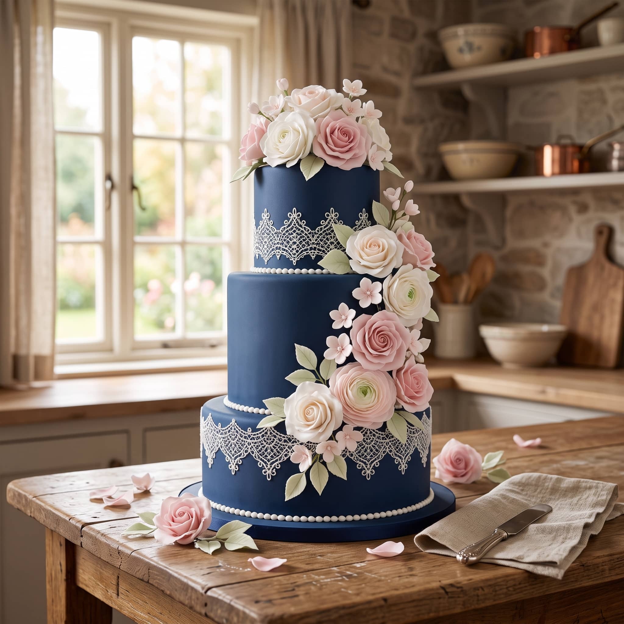 Tort etajat decorat cu pastă de zahăr albastru închis Ovalette, dantelă și trandafiri