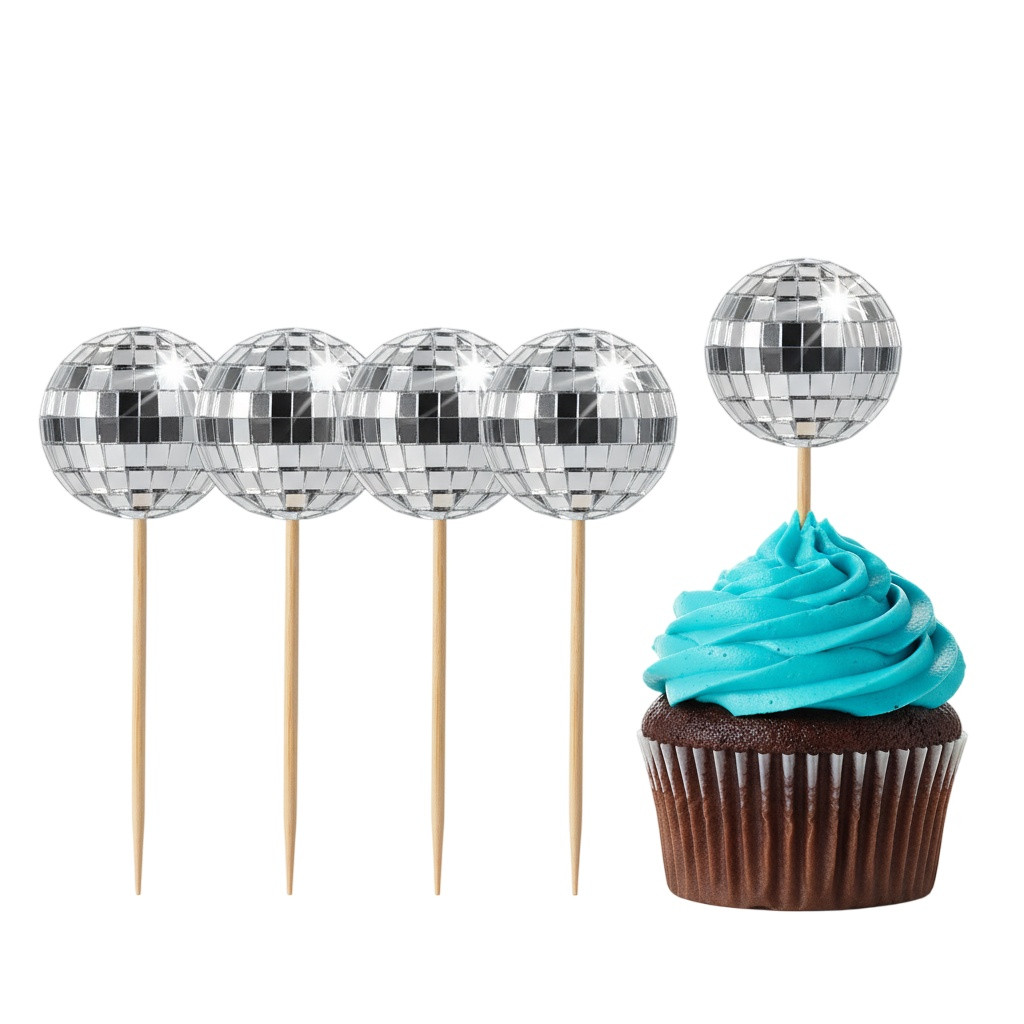 Set 4 Topper Cupcakes Discoball Argintii 3 cm