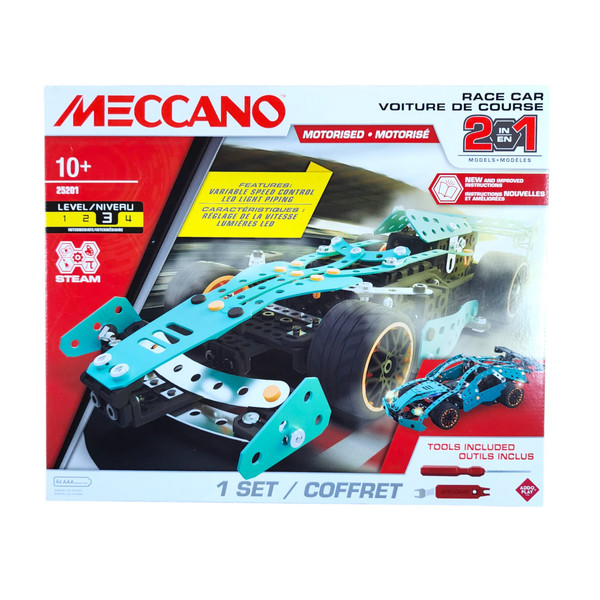 Meccano Race Car 2-in-1 Model Motorized Vehicle Building Kit 353 Part 10+ Meccano Race Car 2-in-1 Model Motorized Vehicle Building Kit 353 Part 10+