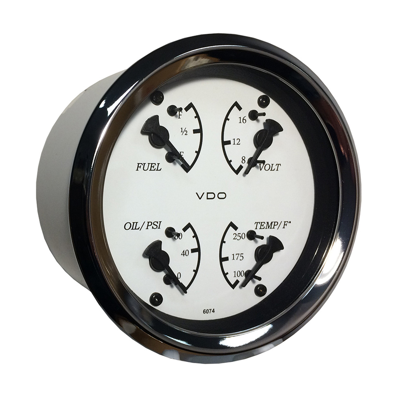 VDO Allentare 4 In 1 Gauge - 85mm - White Dial/Black Pointer - Oil Pressure, Water Temp, Fuel Level, Voltmeter - Chrome Bezel