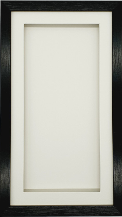 Display frame 10" x 5" with a display area of 8" x 3" and display depth of 1/2" Comes complete with White mount and real glass