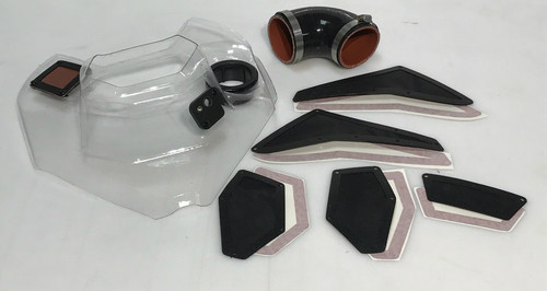 Intake Kit , Air intake shelf, intake flapper vent, intake temp sensor mount, 3'' silicone 90, hose clamps, 5 intake vents with install stickers. 