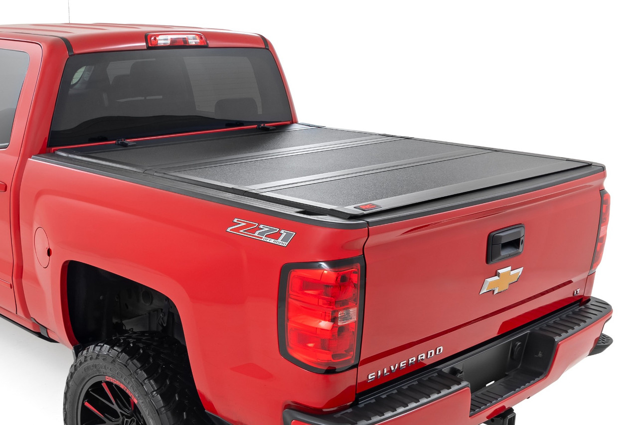Rough Country - Hard Tri-Fold Flip Up Bed Cover - 6'7 in. Bed - Rail Cap - Chevy/GMC 1500/2500HD/3500HD (14-19) - 49119651