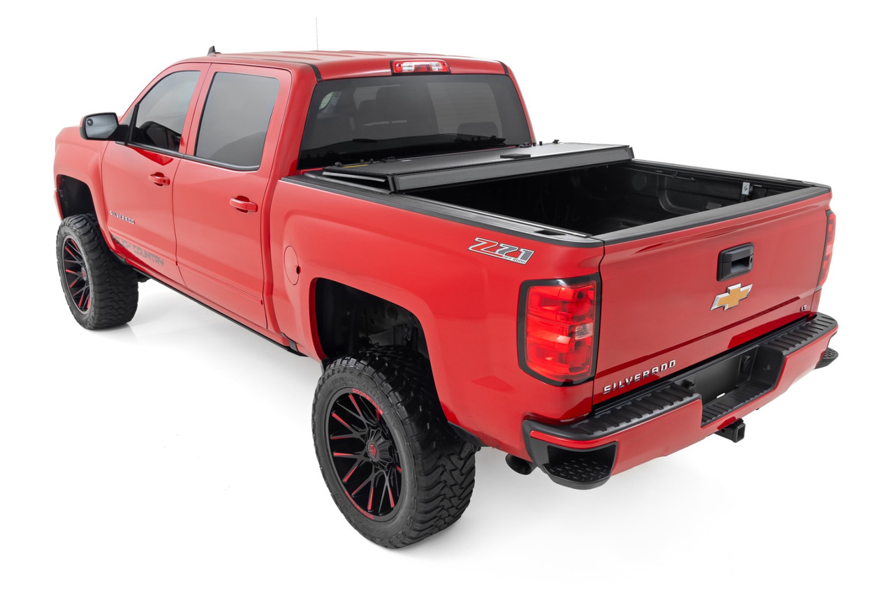 Rough Country - Hard Tri-Fold Flip Up Bed Cover - 6'7 in. Bed - Rail Cap - Chevy/GMC 1500/2500HD/3500HD (14-19) - 49119651
