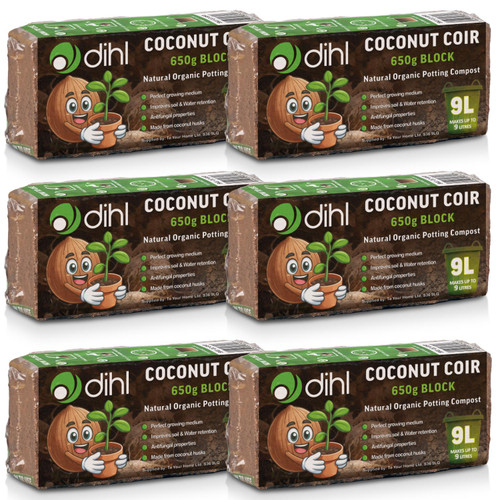 6 x 650g Organic Coconut Coco Coir Fibre Compost Block Bricks, 100% Natural Compressed Peat-Free Garden Growing Medium