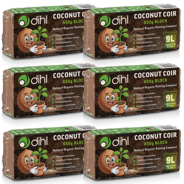 6 x 650g Organic Coconut Coco Coir Fibre Compost Block Bricks, 100% Natural Compressed Peat-Free Garden Growing Medium