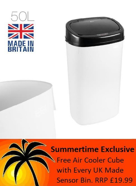 Dihl - UK Made 50L White Bin and Black Sensor Lid with Free Cooler Cube worth £19.99