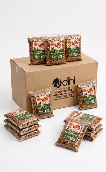 10KG Dihl Premium Dried Mealworms (12x 5L Packets) Bulk Box