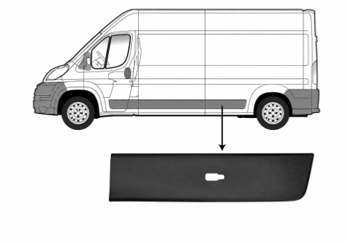 Modanatura laterale della portiera posteriore sinistra per FIAT DUCATO III fase 2 2014-2023, con clip, nera goffrata, con foro luce, versione passo extra lungo, nuova