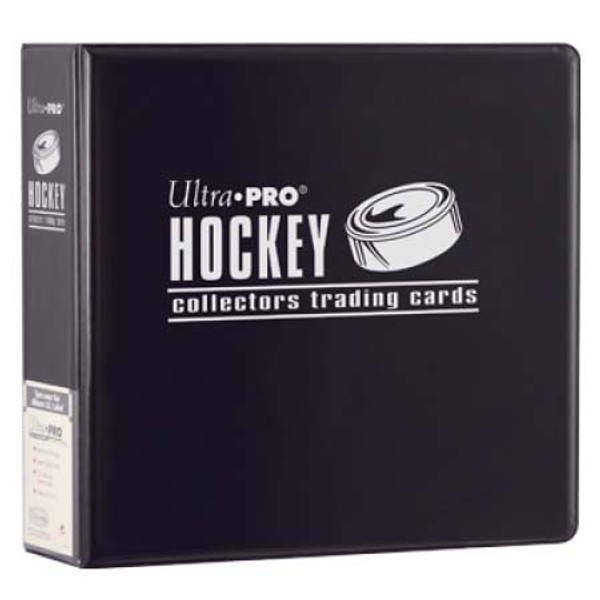 Premium album for standard size pages with hockey themed hot stamp foil on black cover. Reinforced 3" D-ring with booster for quick loading of pages. Albums include rich foam padding. Constructed with clear indexing slot on the spine for easy organization. 