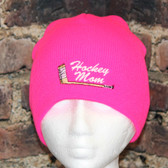 Hockey Mom with embroidered stick logo Hot pink beanie Toque 